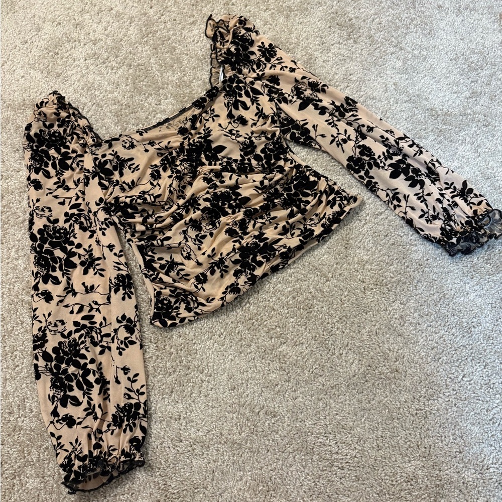 SHEIN Black Floral Ruched Blouse, Medium